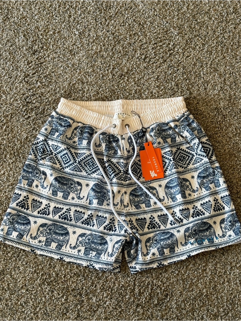 YoungLA Blue & White Elephant Print Swim Shorts